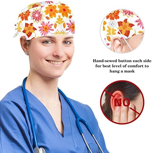 Yoyoamoy Flores de outono folhas padrão As tampas de trabalho das mulheres com botões e banda de suor, tampa cirúrgica ajustável