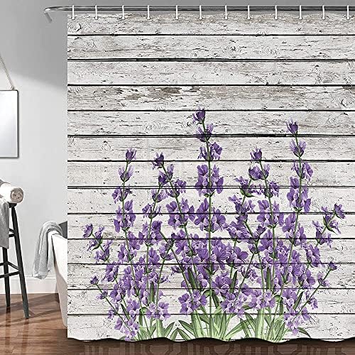 Cortina de chuveiro de lavanda roxa Jawo, Flores roxas com temas retrô em acessórios de banheiro de madeira rústica vintage Definir cortinas de tecido à prova d'água