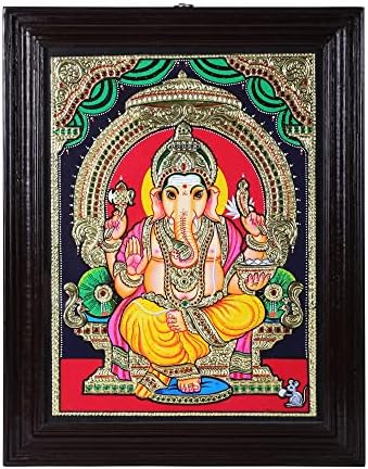 Índia Exótica Lord Ganesha Sentada na pintura do trono Tanjore | Cores tradicionais com ouro 24K | Quadro de teakwood |