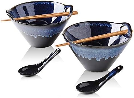 Koov Porcelain Ramen Bowls and Spoons Conjunto de 2 - Japonês Ramen Noodle Bowl com pauzinhos e colheres, 26 onças de Pho Bowl, esmalte