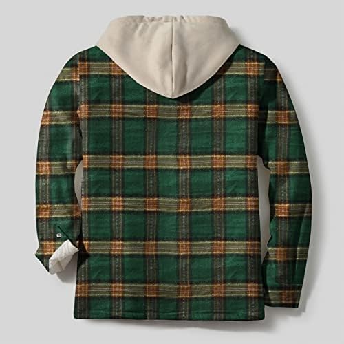 Jaqueta de capuz de flanela masculina outono e inverno de manga longa botão para cima de bolso xadrez com capuz de camisa
