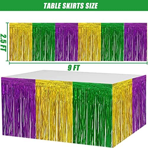 Saia de mesa marginal de Mardi Gras, 4-Pack 2,5x9 ft Gold Green Green Purple Splicing Foil Fringe Tinsel Saias de mesa metálicas para decorações de festas Mardi Gras, cenário de Mardi Gras, decorações de mesa, decorações de mesa