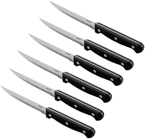 Dearithe Steak Knives Conjunto de 6, preto Triplo Triplo Triplo rebite serrilhado Aço inoxidável Flade Sharp Blade Flawe