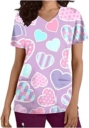Womens Love Heart Graphic Scrub camisetas para mulheres casuais manga curta V bolso de pescoço trabalhador uniforme de trabalho