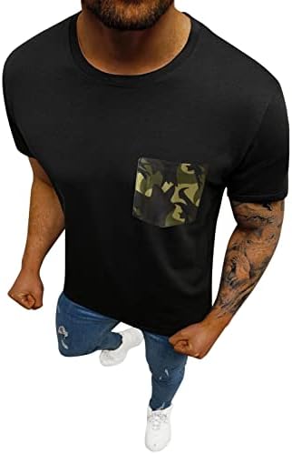 Contraste de camuflagem de contraste do pescoço redondo de manga curta raglan tee relaxada camiseta ativa atlética atlética com bolso