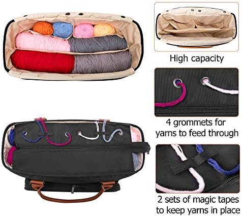 Yarwo Knitting Tote Bag com bolsos para projetos de WIP, bolsa organizadora de armazenamento de fios para agulhas de tricô de 14 ”, novelas de fios e ganchos de crochê, preto