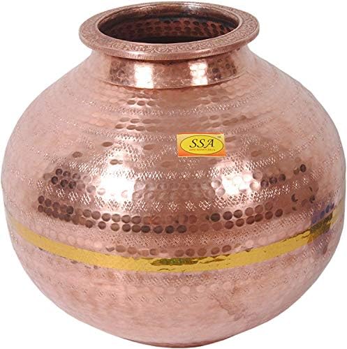 Shiv Shakti Arts Pure Copper Matka Projeto Projeto Distribuidor de Água Pote com Capacidade de Tampa 15 litros e 1 cobre Loti/vidro com copo de design martelado Handel - Conjunto de 2 peças