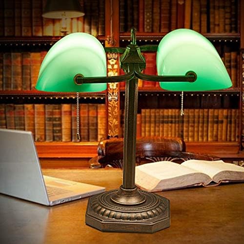 Lâmpada de banqueiro Sombra verde Cabeça dupla Retro Lâmpadas tradicionais de mesa Pull Chain Office Study Designs Simples