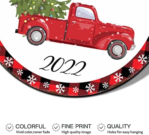 Christmas Wreath Signs Caminhão vermelho carregando árvores de Natal Buffalo xadrez redondo de metal lata de metal decorações de armário de natal