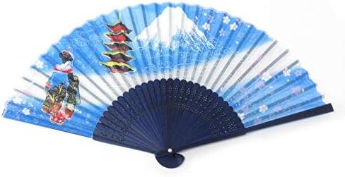 Fan de mão de mão japonês sensu com mt.fuji, sakura, maiko e goju-no-to design azul