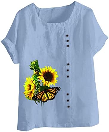 Camisetas gráficas de girassol para feminino camisa de linho de algodão solto tops curtos tampos de goma casual blusa de pântanos
