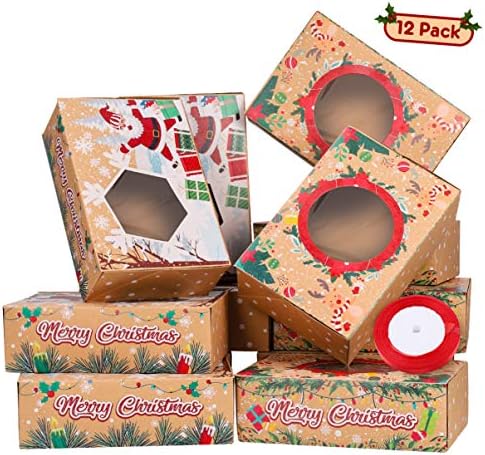 Caixas de biscoitos de Natal 12pcs 12pcs caixas de papel kraft com 22m fitas de fitas caixas de doces para banquetes de festas de