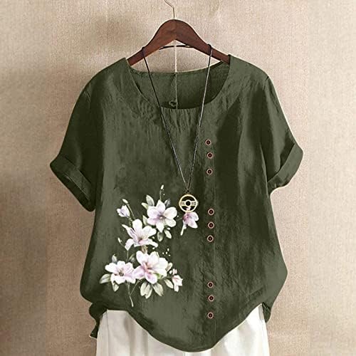 Camiseta de blusa de lounge para feminino com manga curta linho de linho de linho de algodão Button Floral