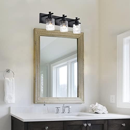Melucee banheiro vaidade luminária, 3 luzes de banheiro preto fosco iluminação de banheiro moderno, iluminação de argalela de parede de metal com barras de vidro de grade transparente para banheiro sobre o espelho