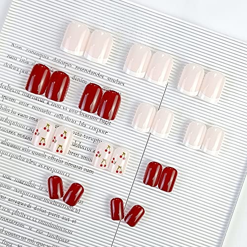 Diduikalor 24pcs Pressione as unhas vermelhas curtas acrílicas falsas dicas de capa completa unhas falsas francesas para mulheres e meninas