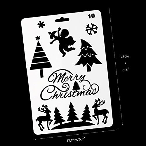 12 PCS Pintura de plástico estêncil, temas de Natal Papai Noel Snowman Snowman árvore de Natal Snow Elk Jingle Bell Modelos de pulverização de desenho 10 × 7 para DIY Project Project Project