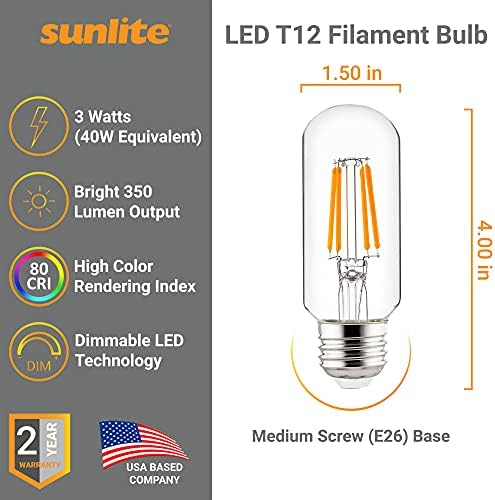 Sunlite 40140 LED Filamento T12 Bulbo tubular, 3 watts, 350 lúmens, ETL listado, 100 mm, base E26 média, diminuído, 2700k