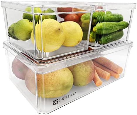 Recipientes de armazenamento de geladeira com tampas produzem salgadinhas de organizador de geladeira empilhável Ecatável Organizador de geladeira para frutas e vegetais conjunto de 3