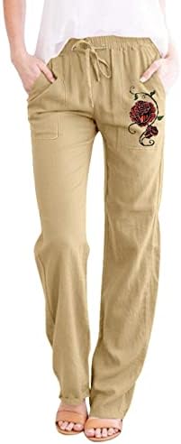 Calças de linho feminino de Kcjgikpok, calça de calça de linho de gaiola larga de alta cintura de cintura larga com bolsos com bolsos