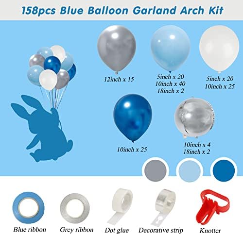 Rubfac 147pcs azul balão de guirlanda arco kit metálico pastel azul branco balões de látex e balões prateados em 4D definidos