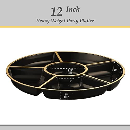 PlasticPro 6 Bandeja de porção de plástico redonda secional/Plates Black & Gold Pack de 2