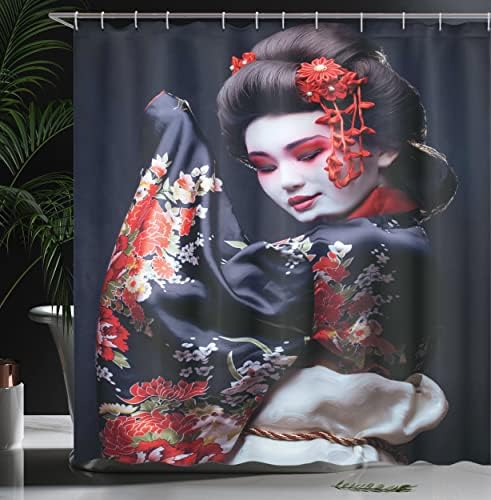 Cortina de chuveiro lunarável do Japão, jovem gueixa em quimono com maquiagem tradicional de figurino oriental de Sakura,