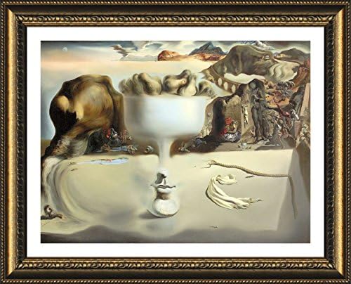 ALONLINE ART - Aparição do prato de frutas de rosto por Salvador Dali | Imagem emoldurada de ouro impressa em tela algodão, anexada à placa de espuma | Estrutura pronta para pendurar | 21 x17 | Decoração da casa de arte de parede HD