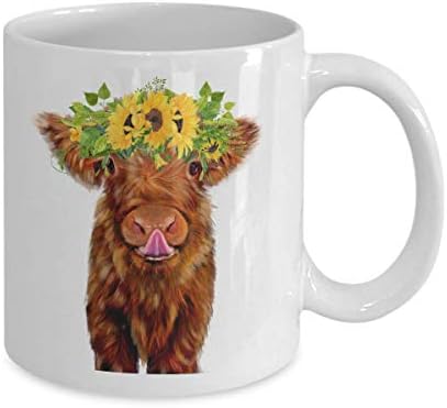Caneca de vaca bebê, vaca de terras altas com coroa de girassol, coo de heilan escocês, xícara de café