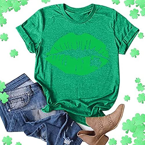 Lips Sexy Irish Shamrock Green St Patricks Day T-shirt feminino Crewneck Camisas de manga curta