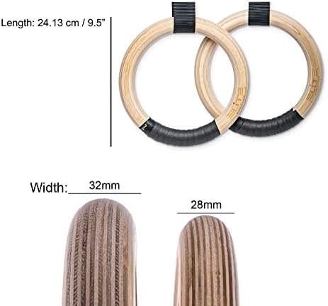Elite Athletics Wood Ginástica Anéis de 32 mm e 28 mm com tiras numeradas ajustáveis ​​+ fita adesiva + faixas de resistência de tração