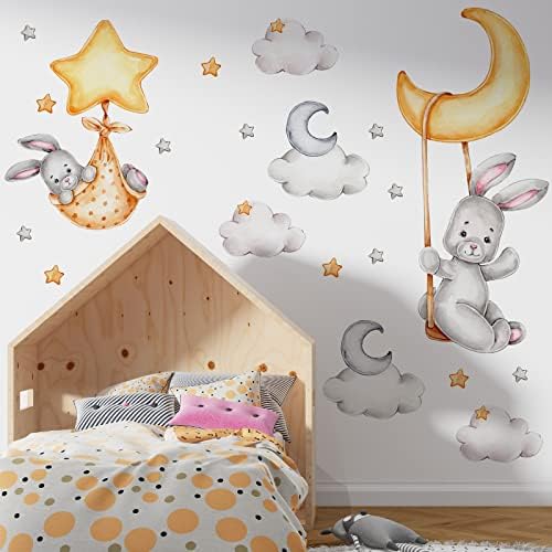 Desenho animado coelho fofo dormindo nas estrelas decalques de parede