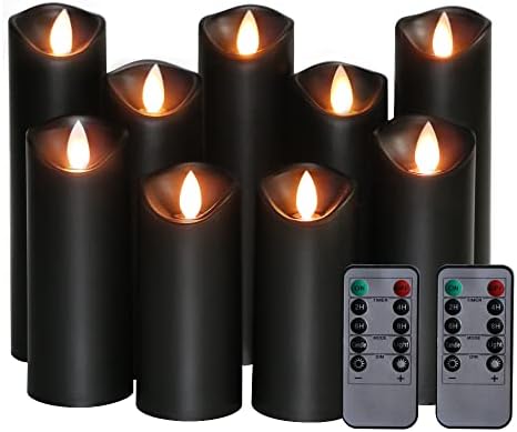 Kitch Aroma Black Wameless Celles, velas pretas de velas de bateria Operou as velas do pilar de LED com pavio de chama em movimento com timer remoto, pacote de 9