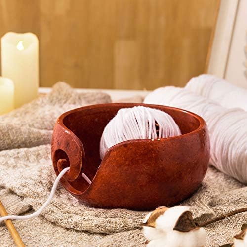 Tigela de fio mygift de tricô, rústico artesanal carmel cerâmica portador de bola, lateral de crochê tigela de fios