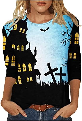 Halloween Midn comprimento 3/4 mangas blusas rount round tops casuais t-shirt feminino de moda feminina