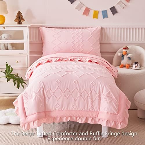 Conjunto de roupas de cama de criança aikasy 4 peças, design de edredom super macio, design de boho bohemiano para meninos e meninas （edredom fringa, lençol plano, lençol e travesseiro） coral rosa coral