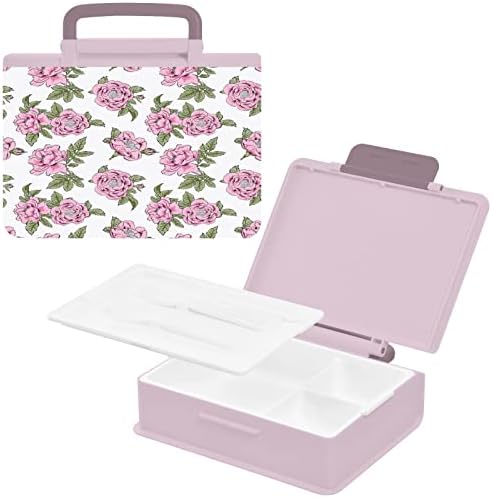Recipiente de lancheira de padrão floral Kigai 1000ml Bento Caixa com Spoon Forks 3 Compartamentos Recipientes de Armazenamento de Alimentos Para Adultos, Pink