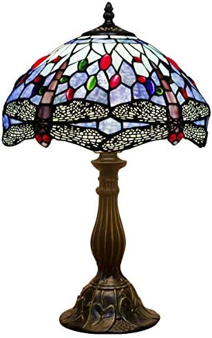 WerFactory Tiffany Table Lamp de mesa azul manchado Glass Dragonfly de mesa de cabeceira Leitura Luz de 12x12x18 polegadas
