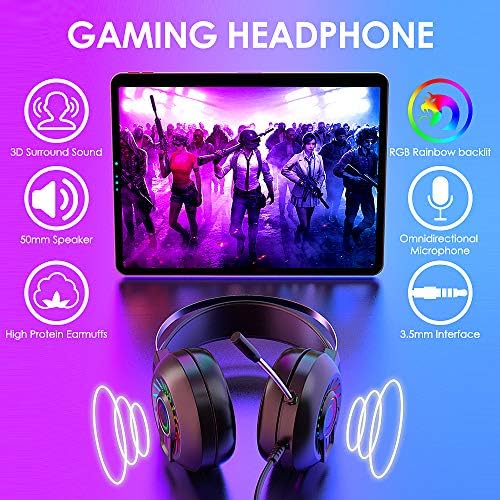 Fone de ouvido para jogos PS4 fone de ouvido de 3,5 mm com fio de jogo de jogo acima da cabeça, retroilument RGB Rainbow Backlit,