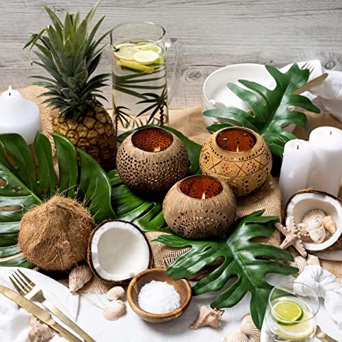 Jollifers Coconut Shell Castleds - Conjunto de 3 velas de coco de decoração tropical para peças de mesa - Cocos de velas naturais e brancos para decoração de tiki, decorações de luau ou decorações de mesa havaianas