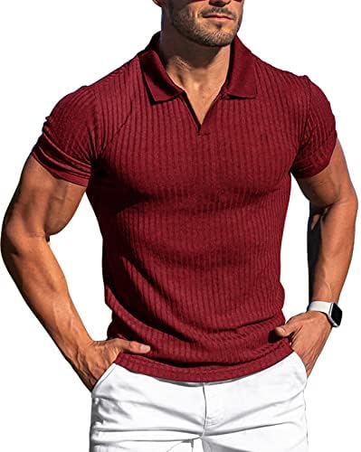 Lempue Mens V Camisetas de pescoço tampas de pólo muscular de ajuste esbelto para homens Mangas curtas Camisas de golfe seco de golfe