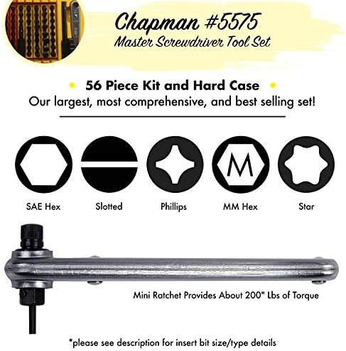 Chapman MFG 5575 Conjunto de chaves mestre - Inclui Phillips, Metric, Slotted, SAE e Bits hexáticos métricos, bits de estrela - conjunto completo oferece 51 EUA Made Insert Bits & 300+ Combinations
