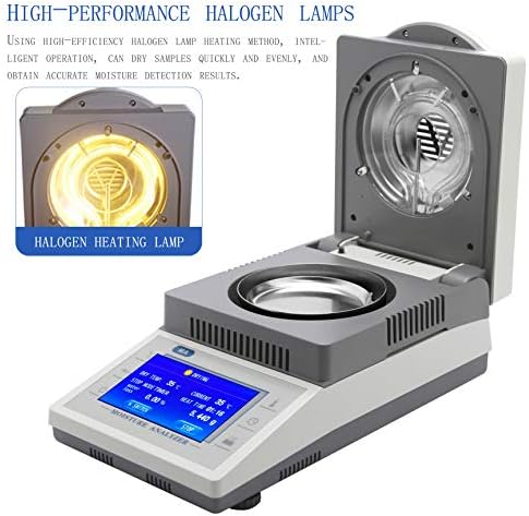 Huanyu halogênio medidor de umidade de alta precisão Medidor de umidade digital 50g/0,005g Controle de temperatura 50-180 ℃ Medição de umidade da tela de toque inglês para alimentos/fibra/minerais lâmpada de halogênio