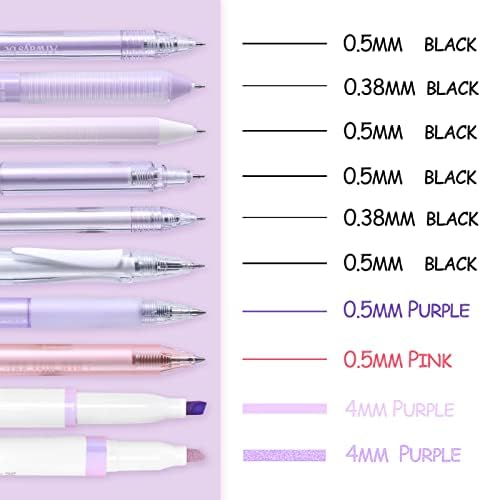 Hulipark Cute Gel Cenas para meninas, canetas de gel pastel de 8 pacote com marcadores de 2 pacote para anotações, canetas de tinta de gel de ponto fino retráteis sem sangramento e manchas, canetas de tinta kawaii para diário, roxo Purple