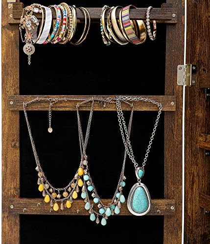 Armário de jóias para armários de jóias Katpad com espelho de comprimento total, suporte de jóias montado na parede com 2 ganchos de cachecol, 6 LEDs espelho travável sobre o organizador de jóias da porta,