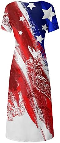 4 de julho vestido para mulheres verão casual bohemian maxi vestido EUA bandeira de manga curta escola de pescoço patriótico longo