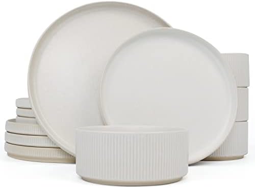 Famiware Star Dinnerware Conjuntos, pratos e tigelas definidos para conjunto de pratos de 4, 12 peças, fosco branco