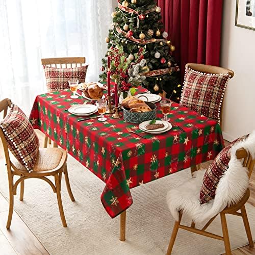 Toca de mesa de Natal de Fascidorm, toalha de mesa xadrez de retângulo verde e vermelho, toalha de mesa de snowflak à prova d'água