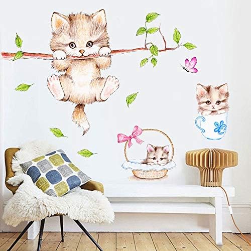 Decalques de parede de gato fofo de Kiddale, galhos de árvore de gatos removíveis adesivos de parede de borboleta para
