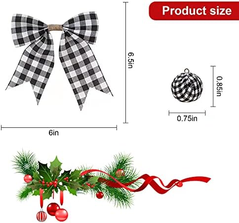 50pcs árvores de Natal pendurados ornamentos, 40 PCs Plaid Buffe Buffalo Check Check Fabric Bolls +10 PCs Buffalo Plaid Decorative Bows para decoração de árvores de Natal