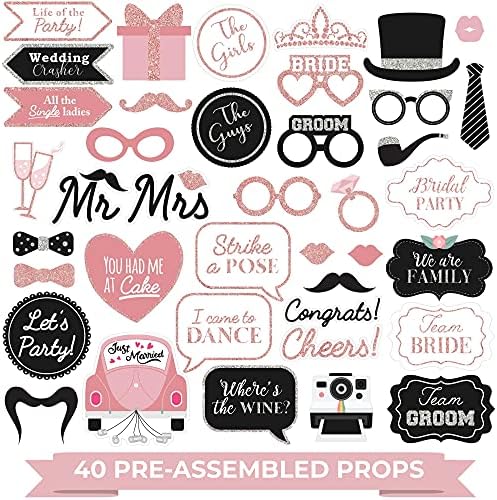 Adeços de cabine fotográfica de casamento totalmente montados - Conjunto de 40 - Sinais de ouro rosa, rosa e selfie de prata